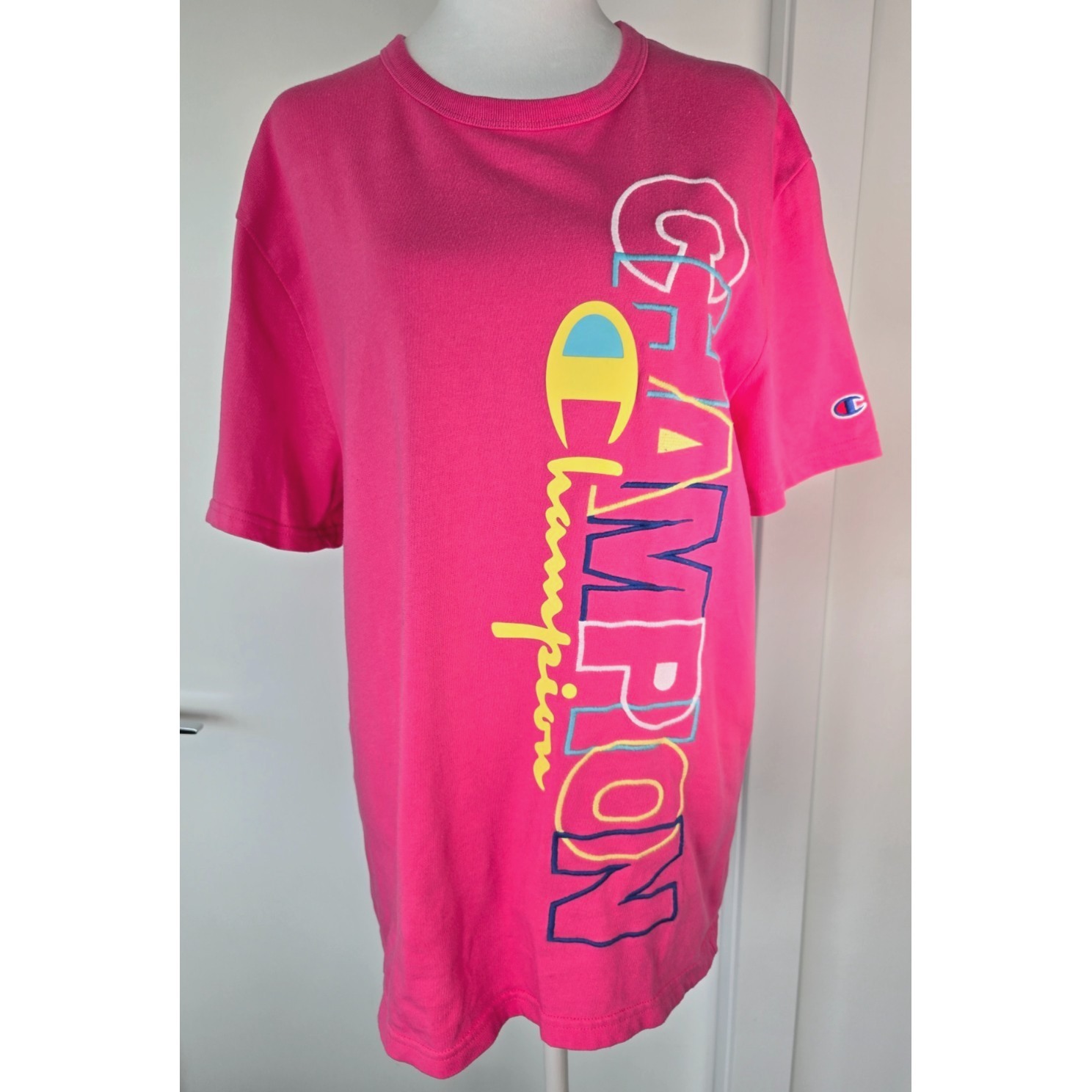 Champion Graphic Ladies T-Shirt Neon Yellow Pink Short Sleeve Logo Men Sz M 80s